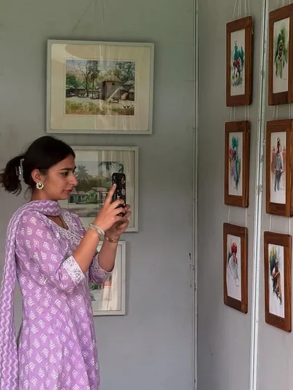 A collection of photos from various art exhibitions and fairs I've participated in, including the National Exhibition of Art and the Jaipur Kala Mela. It's an honor to have my work displayed in these prestigious venues.