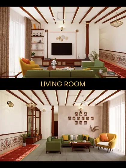 This living room in the Gopalan Florenza apartment was designed to reflect the family’s Mangalorean heritage. The space features a wooden rafter ceiling and carved columns that evoke ancestral homes, while the comfortable, modern furniture makes it a practical space for daily life. It’s a blend of memory and modern comfort.