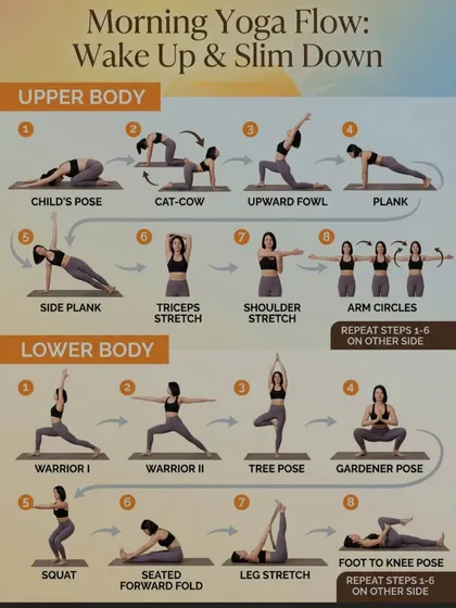 A perfect morning yoga flow to wake up your body and start your day with energy. This routine focuses on both the upper and lower body, helping you slim down with gentle, effective movements like Cat-Cow, Warrior poses, and stretches.