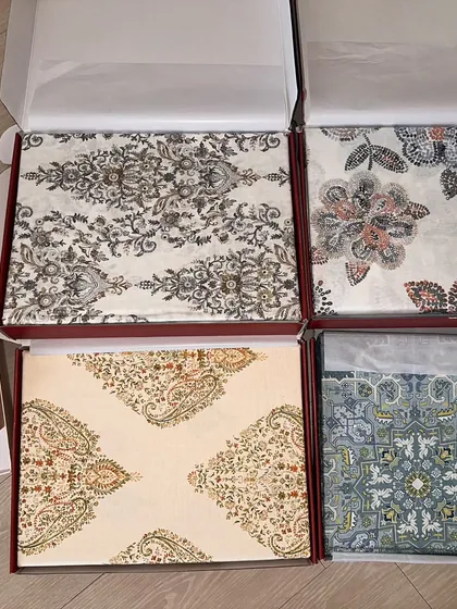A peek at some of the premium Indian cotton bedsheet sets from a recent trip. Each one comes in a beautiful box, with unique designs from brands like Trident that you won't find everywhere.