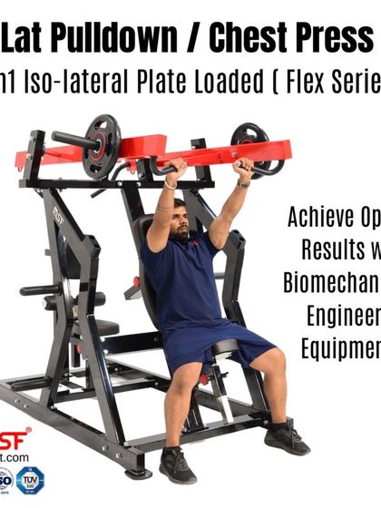 A user performing a chest press on our 2-in-1 Iso-lateral Lat Pulldown/Chest Press machine. The biomechanically engineered arms ensure optimal muscle activation.