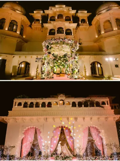 The magnificent decor at Alila Bishangarh, showing both the daytime floral mandap and the glittering nighttime setup for the varmala ceremony.