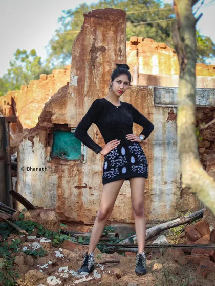 I often use unique outdoor locations like these rustic ruins to create a strong, editorial-style portrait that stands out.