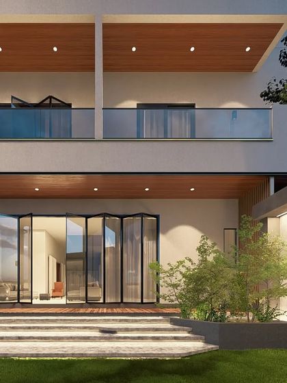 This render shows the rear of "The Honest House," featuring bi-fold doors that open completely to connect the living space with the garden.
