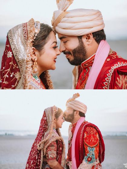 Intimate close-ups of the couple at their beach wedding, capturing their love and the beautiful seaside setting.