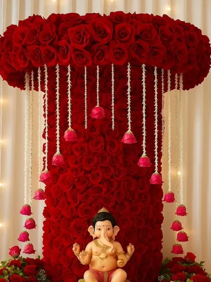 A unique and artistic Ganpati backdrop made of red roses. The flowers form a column with a floral canopy, from which strings of jasmine and rosebuds hang, creating a waterfall-like effect.