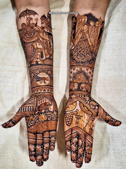 An elaborate design featuring a baraat procession with an elephant on one arm and a family portrait on the other.