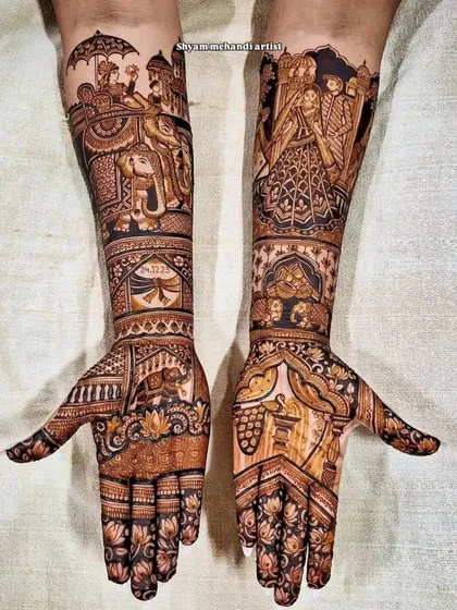 An elaborate design featuring a baraat procession with an elephant on one arm and a family portrait on the other.