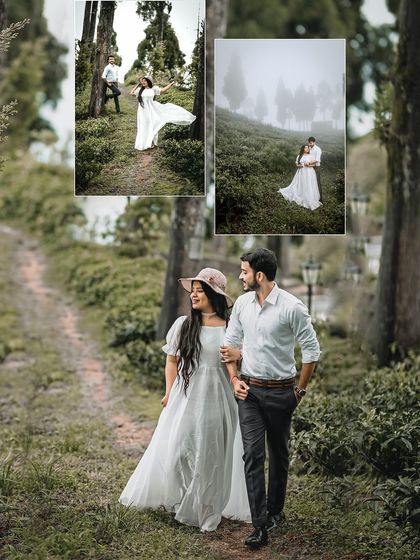 This collage combines a candid walking shot with more posed portraits from a Darjeeling forest shoot. It highlights the beauty of the location and the couple's easygoing chemistry.