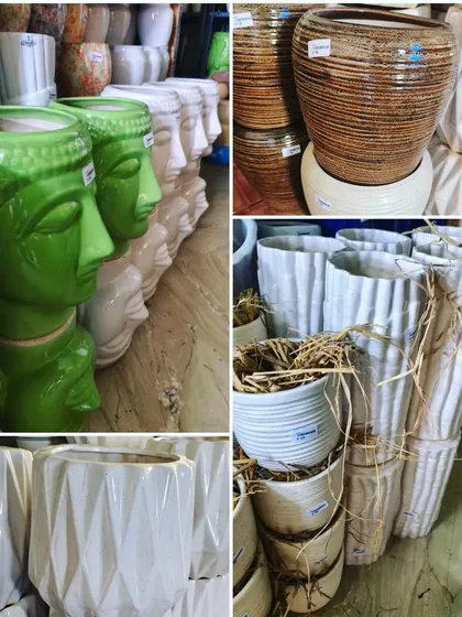 A collage of our diverse ceramic pot inventory. You can see our popular Buddha-head planters, textured white pots, and other geometric and classic designs ready for your home.