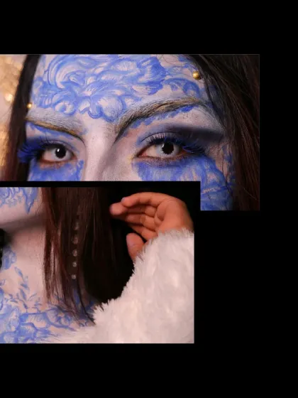A close-up collage focusing on the piercing eyes and delicate hand gestures from our creative fantasy makeup session.