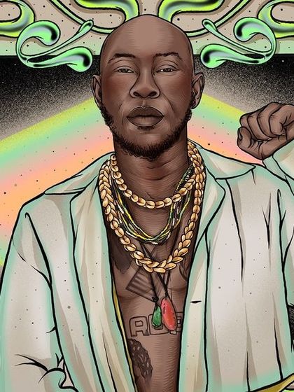 A vibrant, psychedelic portrait of musician Seun Kuti for a Bandcamp Weekly feature. I experimented with a new style here, using fluid, organic shapes to frame the artist.