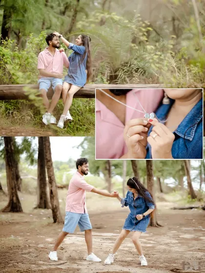 A collage of playful moments in the forest, from sharing headphones to a fun-loving dance. This shows the couple's fun and energetic chemistry.