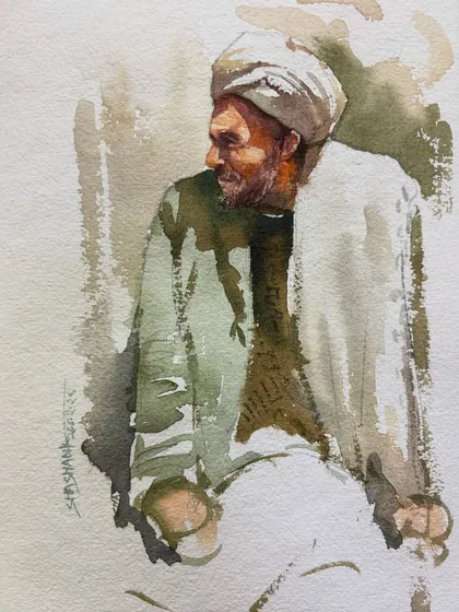 An expressive watercolor portrait study. I used a muted, earthy palette to capture a quiet, contemplative mood, focusing on the subject's expression and posture.