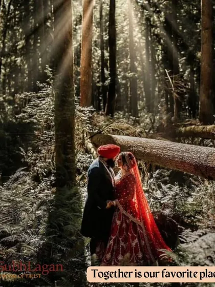A couple shares an intimate moment in a sun-drenched forest. Finding a place where you feel at home together is what our service is all about.