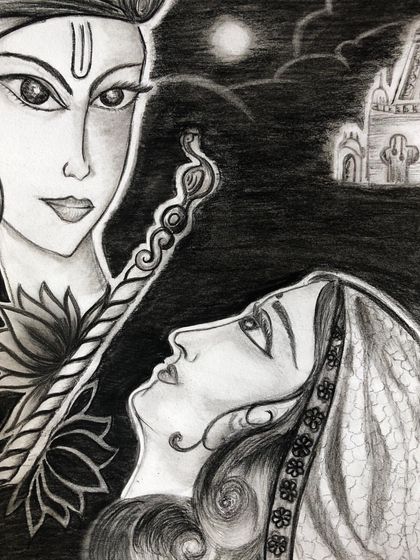This charcoal and pencil sketch of Radha and Krishna shows how we can tell a story through art. My students learn to compose scenes, use contrast for dramatic effect, and add intricate details to their drawings.