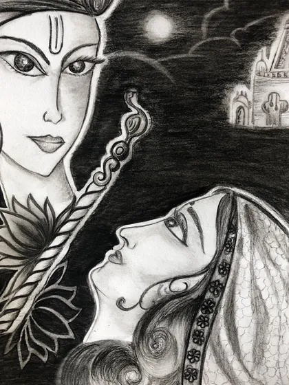This charcoal pencil sketch of Radha and Krishna tells a beautiful story. The student focused on creating contrast and capturing the expressive eyes and delicate details, all with just black and white tones.