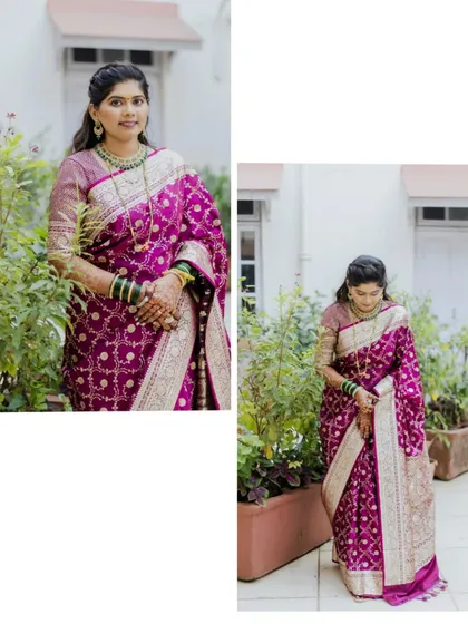 A diptych of the bride from a wedding shoot. She looks stunning in a rich purple Banarasi saree, with portraits showing both a full-length view and a classic three-quarter pose.