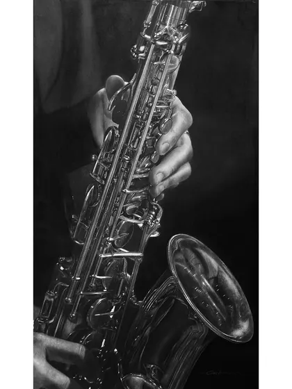 The challenge of capturing the gleam of polished brass and the intricate mechanics of a saxophone is one I relish. This hyperrealistic charcoal drawing focuses on the way light reflects off the instrument, contrasting with the musician's hands as they prepare to create music.