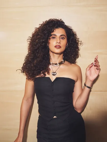 The fierce Taapsee Pannu. My job here was to match her powerful personality with an equally strong look, using a sharp silhouette and a bold neck stack.