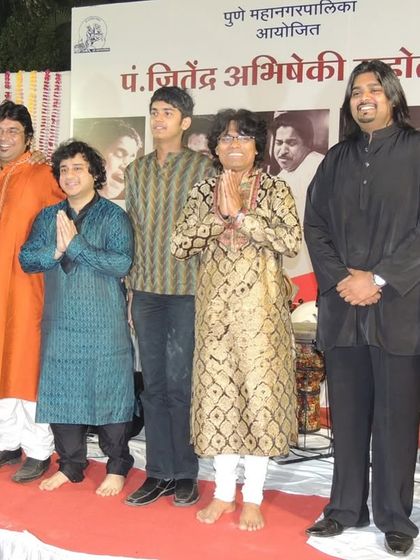A group photo with the incredible maestros I shared the stage with at the Pt. Jitendra Abhisheki Mahotsav. An unforgettable evening of fusion and classical music.