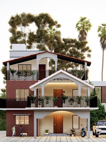 A multi-story home design that blends traditional brickwork on the ground floor with modern architectural arches and balconies on the upper levels. This project shows how I can merge different styles to create a personalized home.
