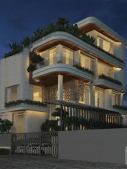 This architectural render for a modern bungalow in Gujarat highlights our use of curved forms and cantilevered balconies. The design integrates rooftop greenery and strategic lighting to create a dynamic and sophisticated exterior presence.