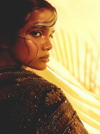 A stunning over-the-shoulder shot that captures the wet-look hair and the shimmering, otherworldly makeup.
