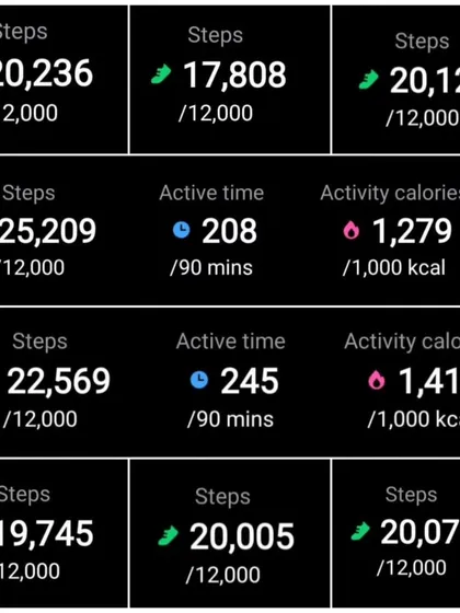 Data that shows dedication. These screenshots from a client's fitness tracker display daily step counts consistently exceeding 20,000 and significant calorie burn, proving that small daily efforts add up to big results.