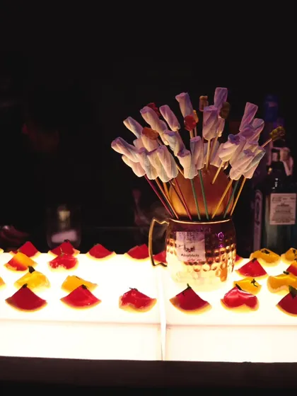 Another look at our illuminated jello shot and marshmallow garnish display. It's a sweet and playful addition to any cocktail party or Sangeet.