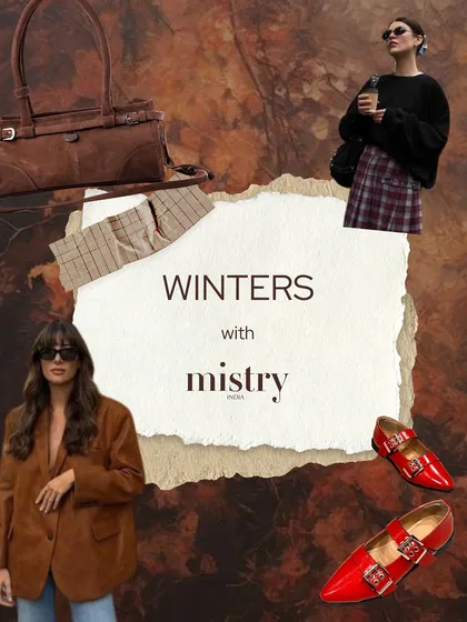 An inspiration board for winter styling with Mistry. This collage brings together some of my favorite pieces, like the red buckled flats and a brown suede carryall, to spark ideas for your seasonal wardrobe.