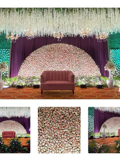 This reception stage features a massive semi-circular backdrop made entirely of pink and white roses. Complemented by a ceiling of hanging white flowers, this design is a true floral masterpiece.