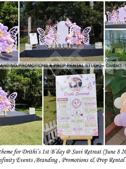 We bring magical themes to beautiful outdoor locations like Suvi Retreat. This enchanting butterfly-themed first birthday features delicate pastel balloon garlands and elegant semi-arch backdrops with butterfly wing cutouts, creating a dreamy atmosphere amidst nature.