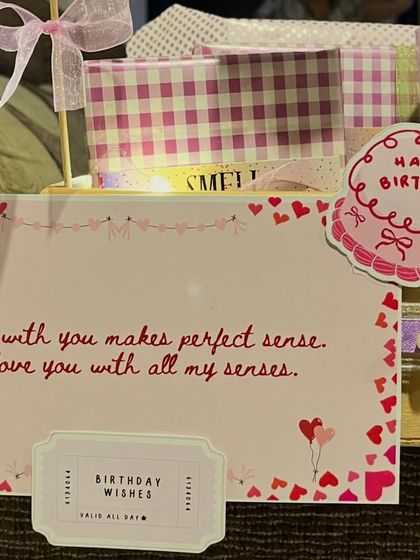 A close up on the sweet, handwritten style card that accompanies my '5 Senses' hampers, adding a heartfelt and personal touch to the gift.