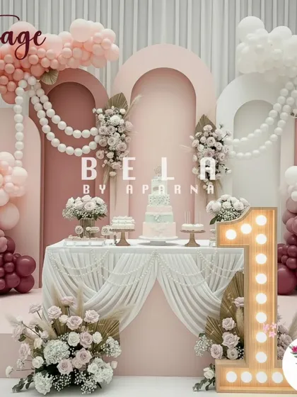 This pastel and pearl themed stage is all about elegance and sophistication. It's a perfect example of how I use a soft color palette, balloon artistry, and floral arrangements to craft a dreamy and luxurious atmosphere for milestone birthdays.