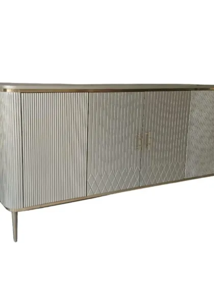 A studio shot of the buffet console, highlighting the intricate texture and metallic sheen. This piece embodies modern elegance and is custom-made to suit the specific dimensions and style of your space.
