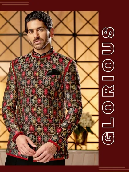A glorious statement in pattern and color. This Jodhpuri jacket features a vibrant, multi-colored geometric print, perfect for a man who isn't afraid to stand out.