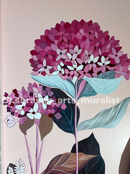 A quick bedroom wall art project featuring vibrant pink hydrangea flowers. Using high-quality paints helps the colors pop and brings the floral design to life.