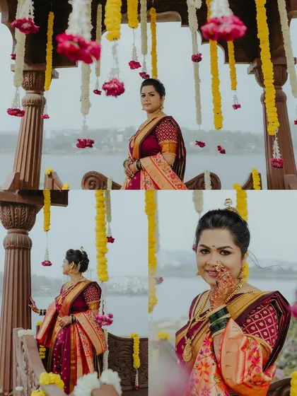 A collection of stunning bridal portraits, showcasing the bride in her traditional saree against a lakeside backdrop.