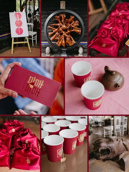 A collage of details from a Chinese tea ceremony, showing traditional red envelopes, tea cups, and other symbolic decor elements.