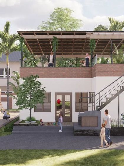 A full view of the Anganwadi school concept, showcasing the play area, the main building, and the rooftop terrace. My design focused on using the site's orientation to our advantage, with larger windows on the north for morning light and smaller ones on the south to block harsh sun, creating an energy-efficient and comfortable building.