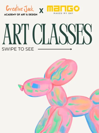 A title card for my art classes in collaboration with Mango Art House, featuring a colorful balloon dog painting.