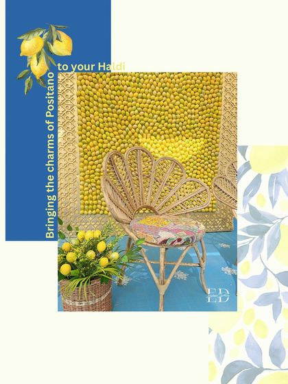 A graphic for the 'Positano Haldi' theme, showcasing the lemon wall backdrop and cane chair. This visual helps the client envision the style and mood of the event.