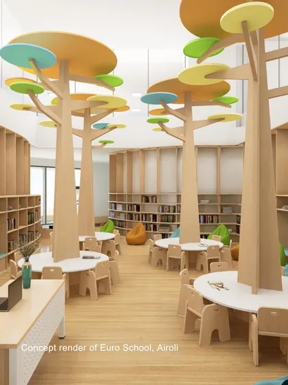 The whimsical, tree-themed library at Euro School, Airoli. This space is shaped to reflect how young students read and gather, with imaginative forms that make learning feel like an adventure.