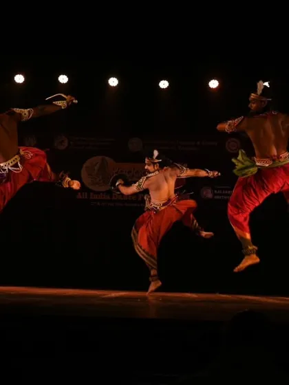 The explosive energy of Mayurbhanj Chhau, my core discipline. This mid-air leap demonstrates the martial precision and athletic power that defines this ancient dance form.