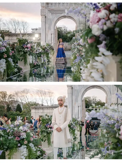 A two-part shot showing the bride's grand entrance down the mirrored aisle, and the groom waiting with anticipation. This captures the emotion and scale of this pivotal wedding moment.