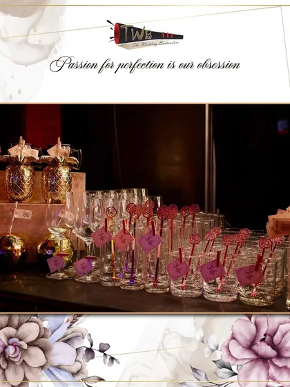 Personalized glassware and stirrers for Kaized & Sana's Sangeet, adding a touch of custom elegance to the celebration.