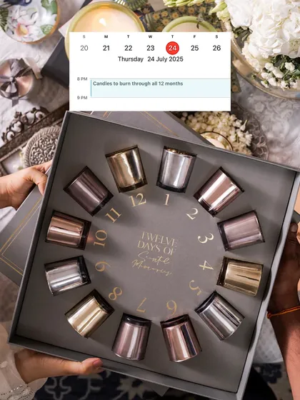 A gift that keeps on giving. My 'Twelve Days of Scented Memory' box offers a new fragrance to burn through all twelve months, a constant reminder of your special bond.