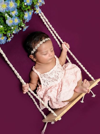 Another sweet angel on the swing, this time with a deep purple background and pretty blue flowers. I can customize the colors to match your nursery or favorite tones.