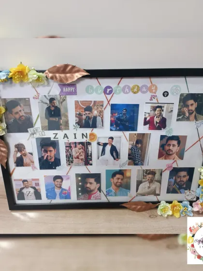 A birthday frame for actor Zain Imam, with photos arranged around his name and decorated with floral and leaf accents.